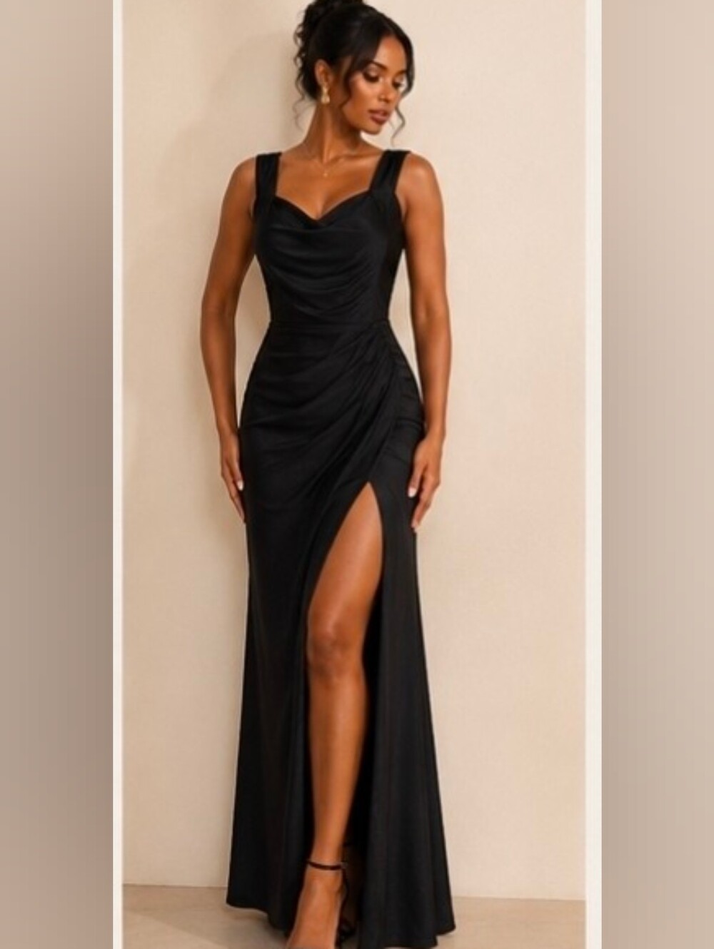 Elegant Black High-Slit Draped Evening Dress - Picture 2 of 7